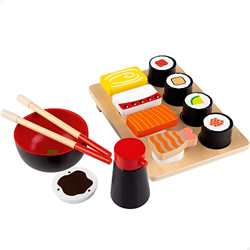 WOOMAX Comida Sushi Madera, Juguetes de Alimentos, Bandeja de Comidas para Niños, 14 Piezas, +2 Años, 49336