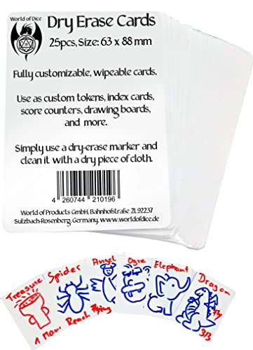 World of Dice,Juego de tokens Dry Erase,25 tarjetas en blanco regrabables para, por ejemplo, mazmorras y dragones (Spell Cards), juegos de cartas propios (25 unidades (63x88 mm))