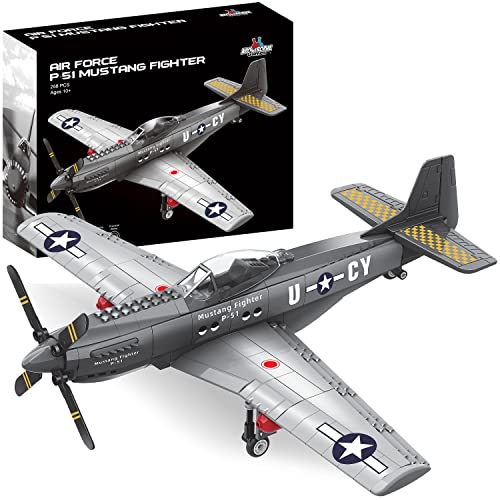 WW2 P-51 Mustang Fighter Plane - Juego de bloques de construcción de 258 piezas - Juguete de avión para niños mayores de 10 años y adultos - Compatible con todos los ladrillos de construcción