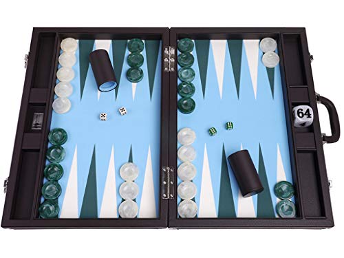 Wycliffe Brothers Juego de Backgammon de Torneo de 53,3 cm - Estuche marrón con Campo Azul Claro - Edición Masters