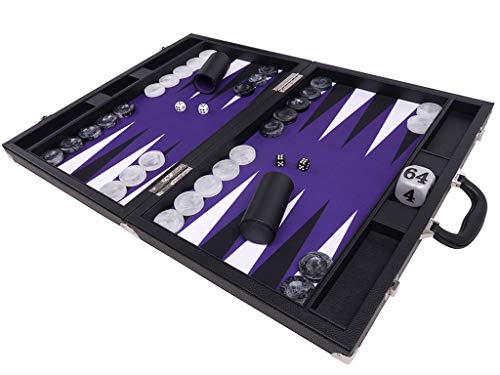 Wycliffe Brothers Juego de Backgammon de Torneo de 53,3 cm - Estuche negro con campo púrpura - Edición Masters