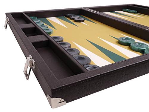 Wycliffe Brothers Juego de backgammon profesional de 21 pulgadas - Estuche marrón oscuro con campo mostaza - Edición Masters