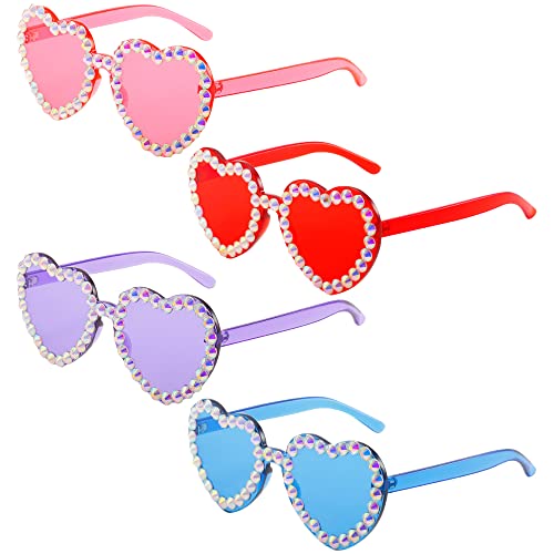 XEERUN 4 pares de gafas de sol hippie con forma de corazón con diamantes, corazón de corazón, gafas de fiesta hippie en forma de corazón, divertidas gafas de fiesta