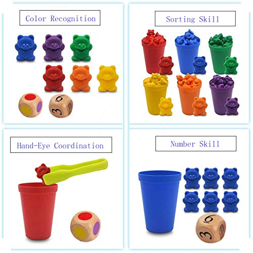 Xfaiz - Juego de 70 contadores para familia de tres osos con tazas de clasificación a juego, contadores de osos y dados de matemáticas coloridas juguetes educativos