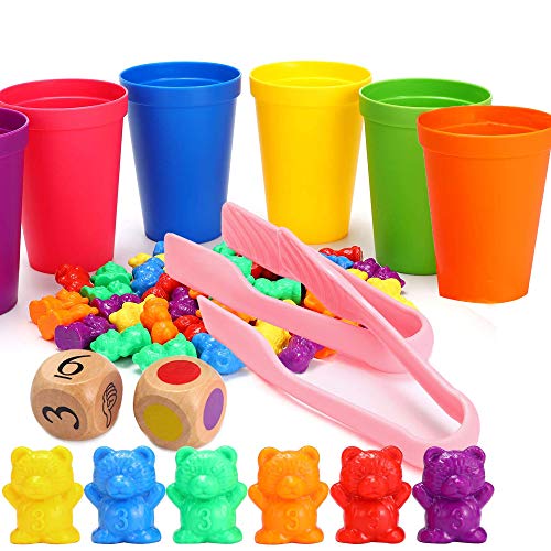 Xfaiz - Juego de 70 contadores para familia de tres osos con tazas de clasificación a juego, contadores de osos y dados de matemáticas coloridas juguetes educativos