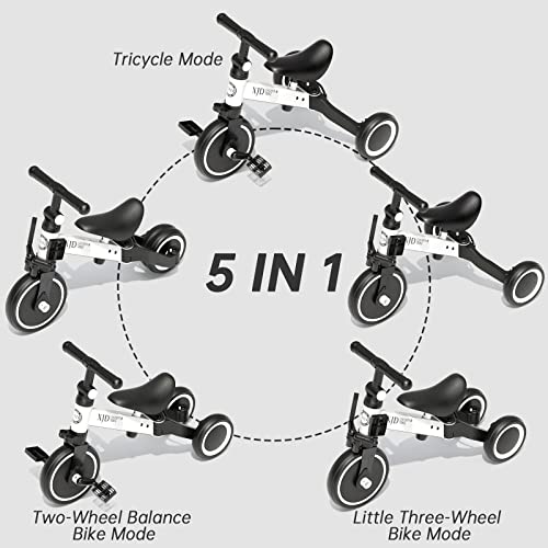 XJD 3 en 1 Triciclo para Niños de 10 a 36 Meses Bicicletas sin Pedales para Bebés con Ajustable Asiento Manillar y Desmontables Pedales 1 Año Regalo de cumpleaños (5 en 1 - Actualización, Blanco-1)