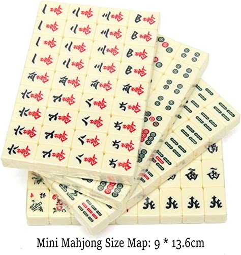 XUBX Mini Juego de Majong Chino, Juego de 144 pequeños Azulejos y Vintage de Piel Mahjong Carring Case, 2 Cajas de Transporte de Dados y Cuero, para Viaje Familiar Game Chino Mahjong Set