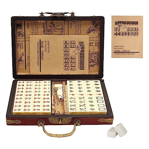 XUBX Mini Juego de Majong Chino, Juego de 144 pequeños Azulejos y Vintage de Piel Mahjong Carring Case, 2 Cajas de Transporte de Dados y Cuero, para Viaje Familiar Game Chino Mahjong Set