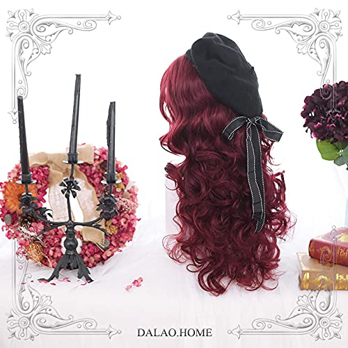 ydound 2022 Mediano Lolita Wig Harajuku Hair Japonés Velvet Rojo Velveta Ruta Rool Wig Anime Cosplay Peluca Pelucas sintéticas Resistentes al Calor