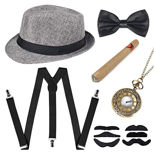 YeahBoom Accesorios de disfraces para hombre de los años 20,Disfraz Mafioso Hombre,disfraz de Gatsby, sombrero de Panamá, pajarita, tirantes ajustables, juego de bigotes y reloj de bolsillo