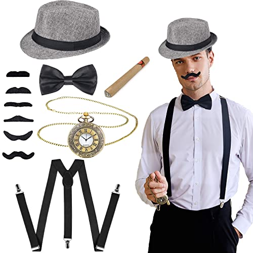 YeahBoom Accesorios de disfraces para hombre de los años 20,Disfraz Mafioso Hombre,disfraz de Gatsby, sombrero de Panamá, pajarita, tirantes ajustables, juego de bigotes y reloj de bolsillo