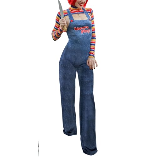 YILEEGOO Conjunto de disfraz de Halloween de 2 piezas para mujer, muñeca asesina de pesadilla aterradora, quiere jugar, vestido de personaje de la película, conjunto de disfraz de muñeca Chucky (W3