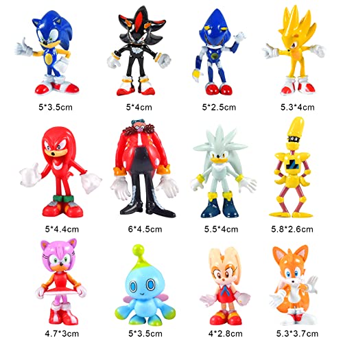 ZeYou Sonic The Hedgehog Figura de Acción,Toppers Tartas Infantiles,Pack 5 cm 12pcs Figura Sonic,Tails,Knuckles,Robotnik,Buzz Bomber,Shadow,Color Figuras con Preciosos Detalles, para Niños con 3 años