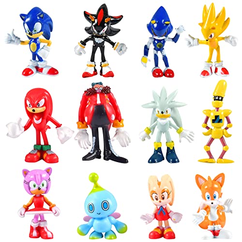 ZeYou Sonic The Hedgehog Figura de Acción,Toppers Tartas Infantiles,Pack 5 cm 12pcs Figura Sonic,Tails,Knuckles,Robotnik,Buzz Bomber,Shadow,Color Figuras con Preciosos Detalles, para Niños con 3 años