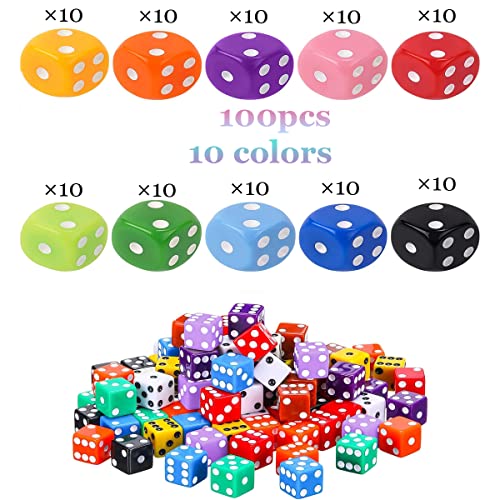 ZHOUHON Juego de Dados, 100 Piezas Dados 6 Caras 10 Colores Translúcidos Dados de Esquina Redondeados Casino Dados Juegos de Mesa
