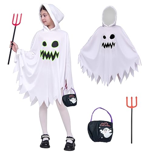 ZUCOS Niños Fantasma Capa Blanca Disfraz de Halloween con Tenedor del Diablo Brilla en la oscuridad 3-4 años