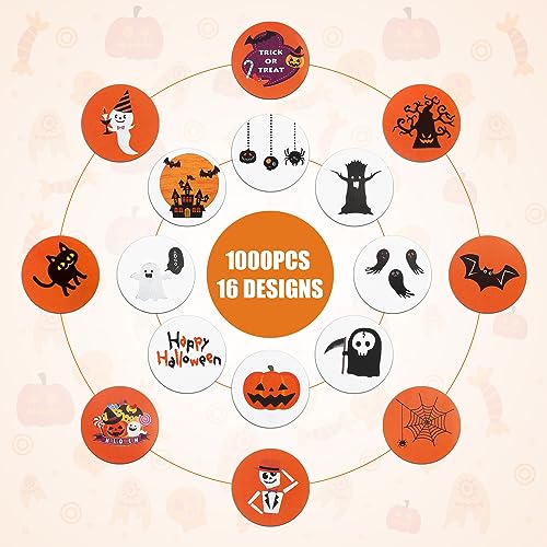 1000uds Pegatinas de Halloween, 16 Colores y Diseños Rollo de Pegatinas de Halloween Pegatinas Redondas de Halloween Araña Murciélago Calabaza para Decoraciones de Fiesta