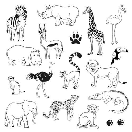 17 sellos animales de la sabana con tinta negra – sellos infantiles de 6 años y + – Stampo Funny – Tinta lavable – Actividad manual de dibujo – León mono Rhino – Idea de regalo para niña