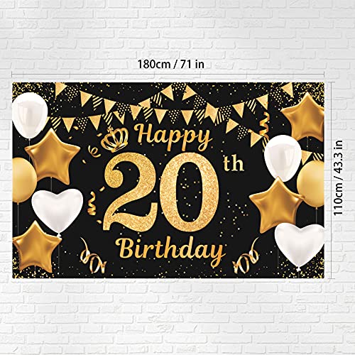20 Años Decoración de Fiesta de Cumpleaños de Oro Negro, Pancarta Feliz Cumpleaños, Fondo de Feliz Cumpleaños para Fiesta de 20º Aniversario en Tela Banner Foto Decoracion Cumpleaños para Niño y Niña