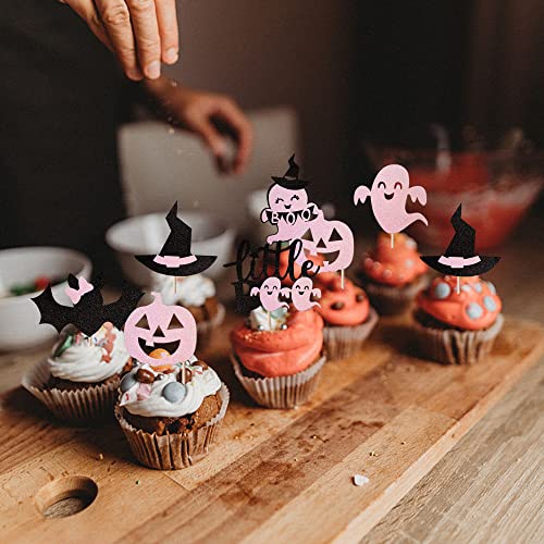 24 decoraciones para cupcakes de Halloween, con purpurina, fantasma, pequeño, boo, bate, pasteles, decoración para Halloween, tema para bebés, cumpleaños, fiestas, pasteles, accesorios, rosa..