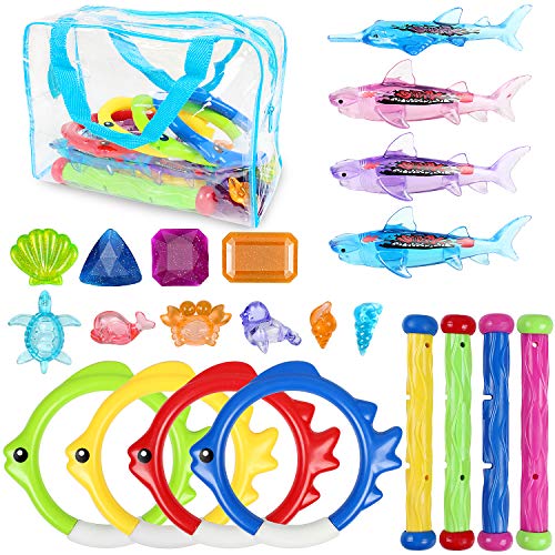 28 piezas de juguetes de piscina para niños de 8 a 10 años, anillos de buceo palitos de tiburón submarino gema resplandora juegos de tesoros juguetes de buceo con bolsa de almacenamiento para piscina