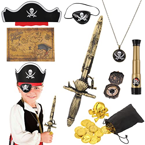 29 Piezas Accesorios para Disfraz Pirata,Pirata Sombrero Parche de Ojo de Pirata Brújula Collar Monedas Mapa,Disfraz de Capitán pirata para Halloween Carnaval Niños Niñas Hombre