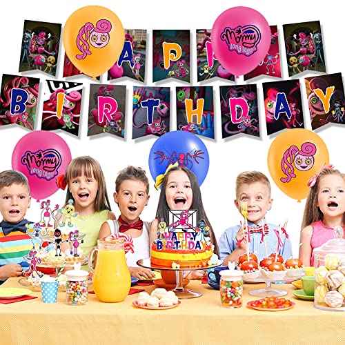 32 Piezas Decoraciones de Fiesta de Cumpleaños de Long Legs, Juego de Fiesta de Mommy con Pancarta, Globos de Látex, Decoración de Tartas para Decoración de Cumpleaños de Niños