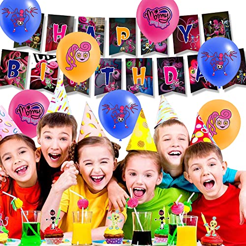 32 Piezas Decoraciones de Fiesta de Cumpleaños de Long Legs, Juego de Fiesta de Mommy con Pancarta, Globos de Látex, Decoración de Tartas para Decoración de Cumpleaños de Niños