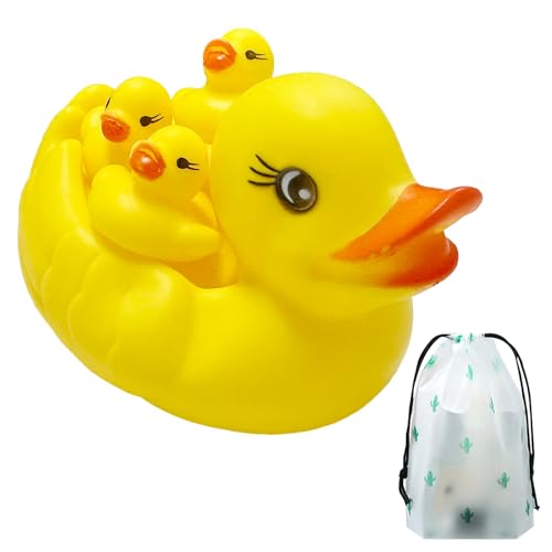 4 piezas de juguete de baño de pato de goma con 1 bolsa de almacenamiento con cordón, pato flotante para la piscina en casa, juguete clásico de pato de goma para el baño, juego de juguetes de pato