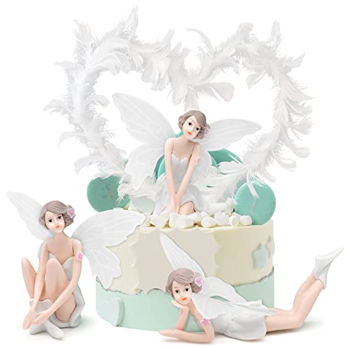 4 piezas Figuras de hadas y plumas para pastel, decoración de pastel con tema de ángel de hadas y princesa para cumpleaños de niña, ducha de bebé y fiesta de bodas