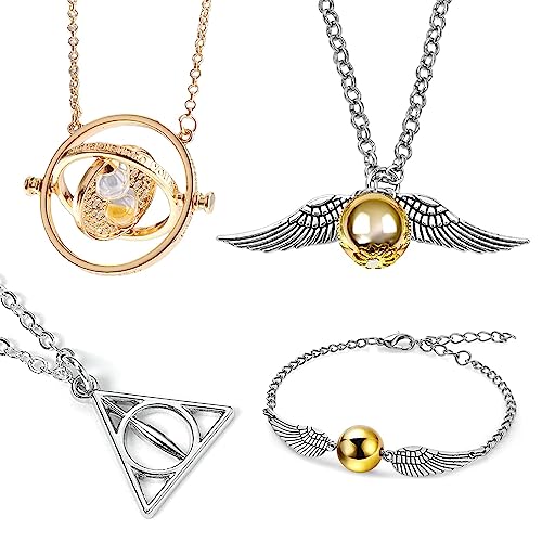 4 Piezas Harry Potter Collar Giratiempo de Hermione, Snitch Dorada, Collares y Pulseras Para Cosplay, Fiesta, Regalos