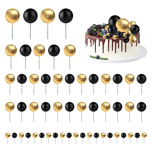 50 Bolas de Decoración de Tartas, Mini Cupcakes, Decoración de Espuma, Globos Redondos, Dorados y Negros para Happy Birthday Cake Topper DIY Decoración para Tartas de Boda para Bodas