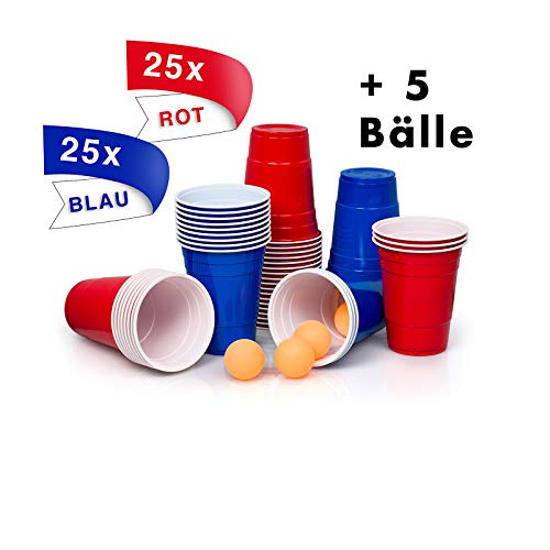 [50+5]Premium Bierpong - Juego de 25 vasos rojos + 25 vasos azules + 5 pelotas amarillas Incluye E-Book Bierpong reglas 530 ml para la diversión, Home-Party Beer Pong vasos Red Cups Trinkspiel