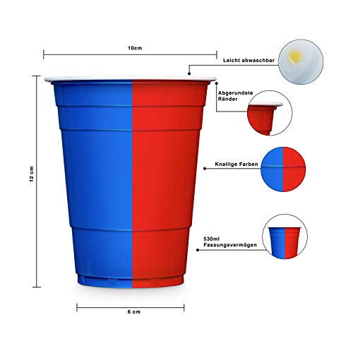 [50+5]Premium Bierpong - Juego de 25 vasos rojos + 25 vasos azules + 5 pelotas amarillas Incluye E-Book Bierpong reglas 530 ml para la diversión, Home-Party Beer Pong vasos Red Cups Trinkspiel