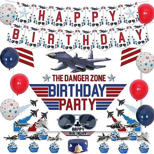 52 decoraciones de fiesta de cumpleaños de avión de combate, decoración de fiesta de la fuerza aérea con la zona de peligro, telón de fondo de piloto de combate, decoración de pastel de piloto de