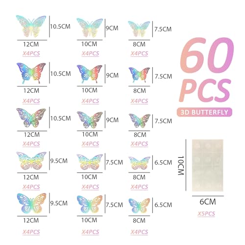 60 pegatinas de pared 3D de mariposas, decoración de mariposas, mariposas plateadas brillantes, pegatinas de pared para bricolaje, pegatinas de mariposa extraíbles (plata colorida)
