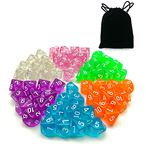 60pcs Assorted Colored Translucent D10 (1-10) Pack, 6X10pcs 10 Sides Dice Transparent Polyhedral Dice D10 Set in Black Velvet Pouch