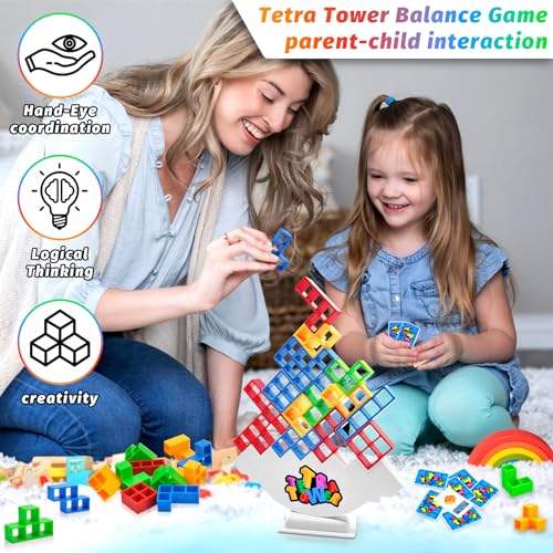 64 Piezas Tetra Tower Tetris Balance Blocks, Stack Attack Team Game Adultos Juego de Mesa Apilamiento Equilibrio Construcción Creativo Educativos Juguetes de Montessori Regalo para Niños Niñas 3+ Años