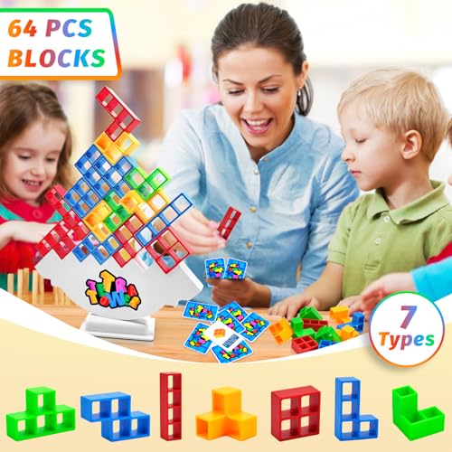 64 Piezas Tetra Tower Tetris Balance Blocks, Stack Attack Team Game Adultos Juego de Mesa Apilamiento Equilibrio Construcción Creativo Educativos Juguetes de Montessori Regalo para Niños Niñas 3+ Años