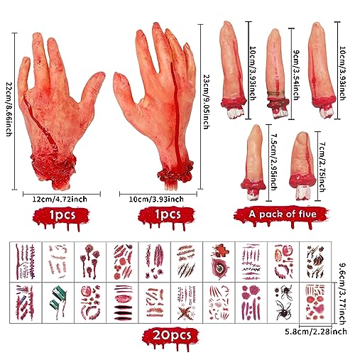 7 piezas de accesorios de sangre de Halloween, dedos falsos para pulgar simulado, dedos separados, suministros para fiestas de casa con 20 tatuajes de Halloween, partes del cuerpo rotas para casa