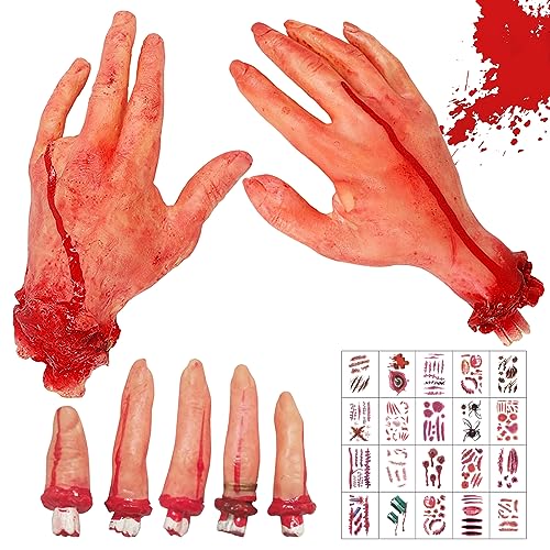 7 piezas de accesorios de sangre de Halloween, dedos falsos para pulgar simulado, dedos separados, suministros para fiestas de casa con 20 tatuajes de Halloween, partes del cuerpo rotas para casa