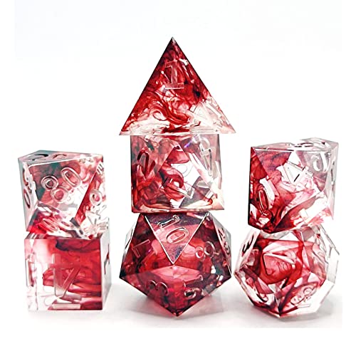 7X Dados poliédricos Crystal RPG de Roles de Dados con de Sangre Seda Flotante roja para s de Cartas Dados RPG, Números Transparentes