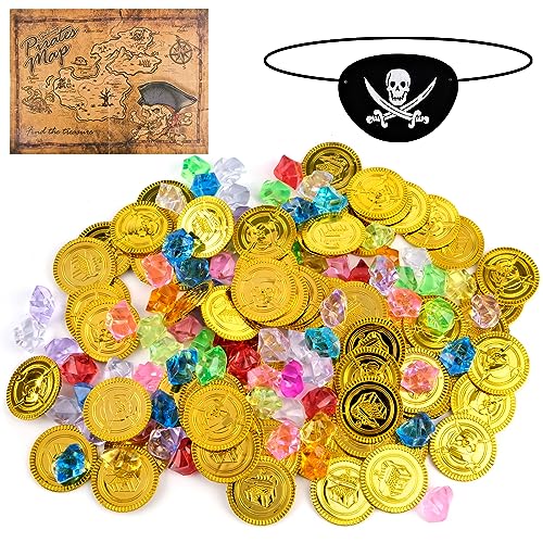 above zero 160 Piezas Tesoro Pirata, 80 Piezas Moneda de Oro Pirata＋80 Piezas Gemas de Piratas con Mapa del Tesoro y Parche de Ojo de Pirata para Caza del Tesoro