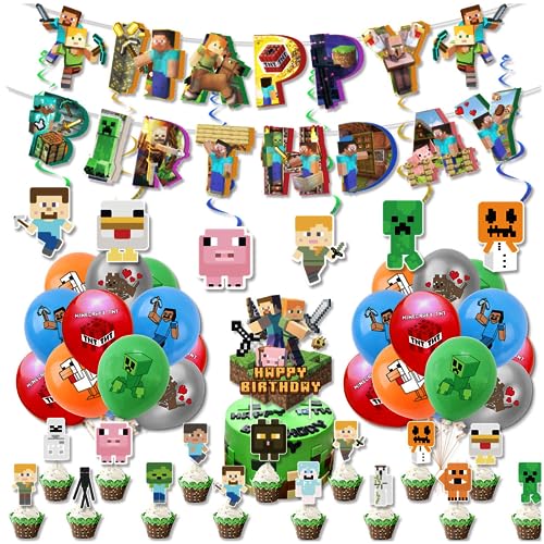 Accesorios de fiesta de cumpleaños estilo píxel, las decoraciones de fiesta de juego incluyen pancartas de feliz cumpleaños, adornos para cupcakes, globos, cintas, decoración de fiesta de cumpleaños