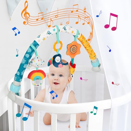 Aceshop Juguetes para Cochecito de Bebé, Arco de Juego para Cuna con 3 Animales Colgantes Sensoriales Sonajero Música Chirrido Juguetes para Cochecito de Bebé Recién Nacido Niño Niña Regalo