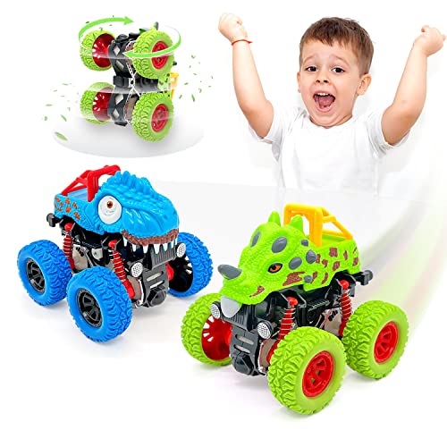 AESTEMON 2 Pack Coches de Juguetes con Impulsados Fricción, Dinosaurios Camion de Juguete Monster Truck para Bebe Regalo Niño de 2 3 4 5 Años