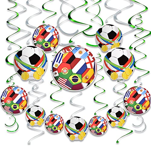 AhfuLife Qatar Copa del Mundial 2022 Decoraciones, 28 Piezas de Decoraciones de Fiesta de Fútbol, Remolinos Colgantes de 12 Banderas de Fútbol 16 Remolinos Colgantes para Decoraciones