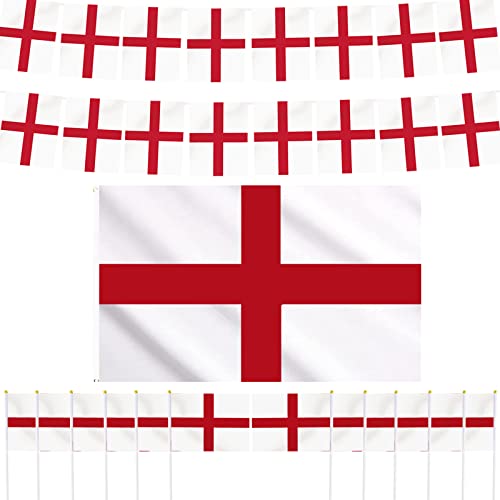 AhfuLife World Cup 2022 England St Georges - Juego de banderines de Inglaterra de 10 m, 12 banderas pequeñas de mano y 1 bandera de Inglaterra de 5 pies x 3 pies para decoración de fiesta (estilo 1)