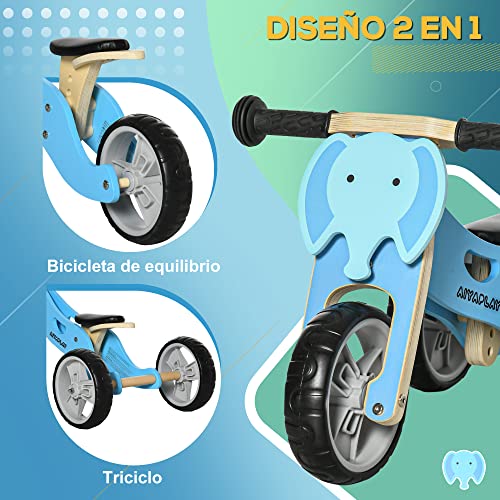 AIYAPLAY 2 en 1 Bicicleta sin Pedales de Madera para Niños de + 18 Meses Triciclo Infantil con Sillín Ajustable de 22-26 cm Carga 20 kg Estilo León 60x38x38 cm Azul