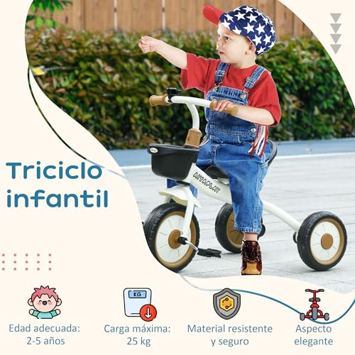 AIYAPLAY Triciclo para Niños de 2 a 5 Años Bicicleta Infantil con Asiento Ajustable Cesta Timbre Pedales y 3 Ruedas Carga 25 kg 70,5x50x58 cm Crema